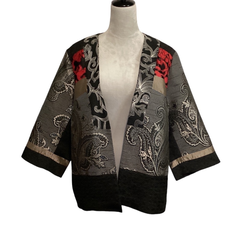 Chico’s Kimono Jacket Paisley Asia Inspired Metallic Open Front Women’s SZ 2(M)